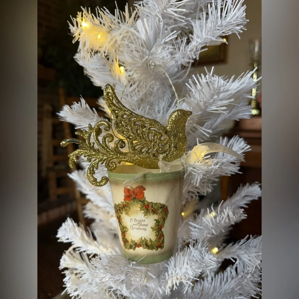 Vintage 1994 Gold Glitter Peacock Bird & Wreath Bucket Ornament - Holiday Decor